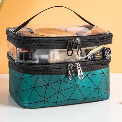 typical train case makeup bag with clear pocket